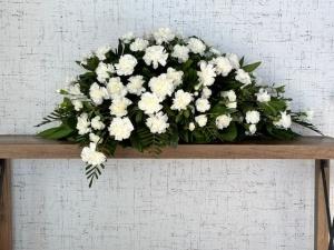 White Carnation Half Casket Cover – Ambrosia Flowers, Castle Rock CO
