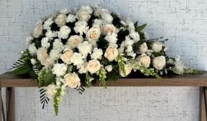 White Rose and Carnations Casket Cover – Ambrosia Flowers, Castle Rock CO