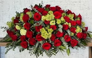 Red Roses and Green Casket Cover – Ambrosia Flowers, Castle Rock CO