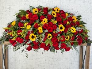 Red Rose and Sunflower Casket Cover – Ambrosia Flowers, Castle Rock CO